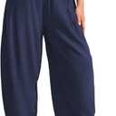 TARSE Womens Linen Harem Pants Loose Fit Boho Casual Trousers Wide Leg Lounge Pants with Pockets (Blue, L)