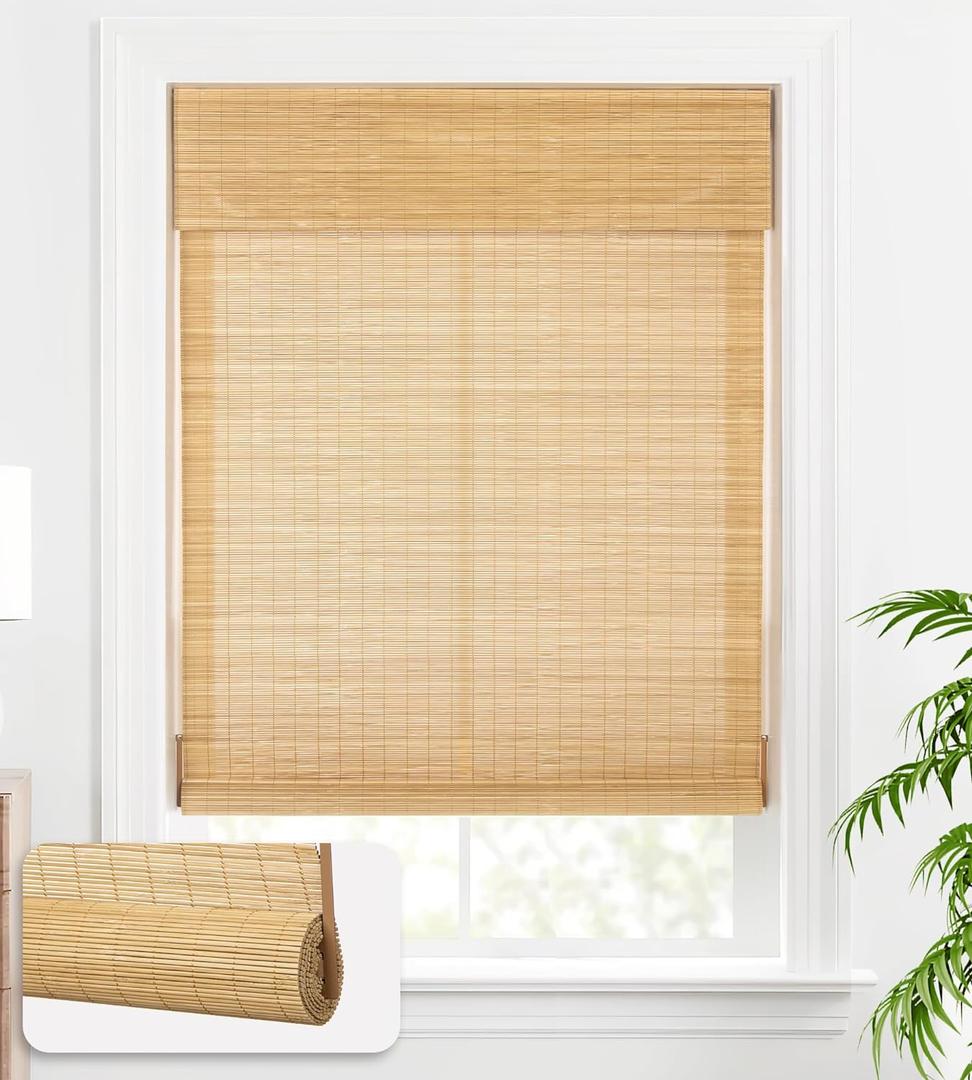 LazBlinds Cordless Bamboo Blinds, Bamboo Roll Up Shades for Windows, Light Filtering Wood Window Blinds for Indoor Home- Size: 33" W x 72'' H, Carbonized