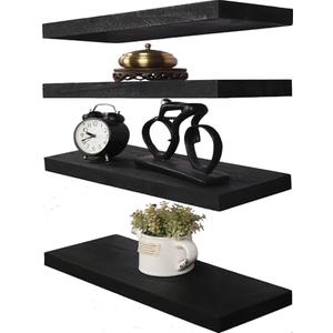 HXSWY Wood Floating Shelves for Wall, Wooden Wall Shelves for Bedroom, Wall Mounted Shelves for Living Room, Set of 4 Black