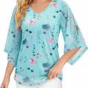 Blouse for Women Dressy Casual Summer Chiffon 3/4 Sleeve Tops Business Work Shirts Double Layered Tunic Evening Party (Large, Light Blue Floral)