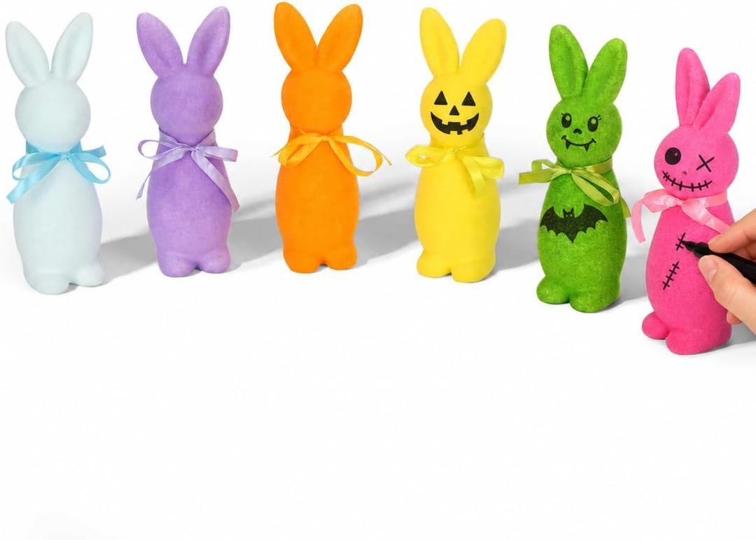 6 Pcs Halloween DIY Flocked Bunny Figurines Paintable Rabbit Decor Set