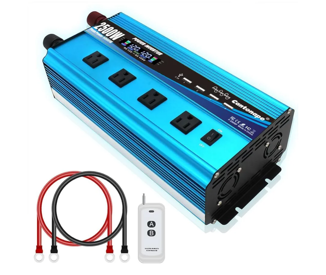 2500W Pure Sine Wave Inverter DC 12V to 110V/120V AC with LCD Display, 4 AC Outlets, Wireless Remote Control Car Power Inverter for Outdoor RV Camping Truck