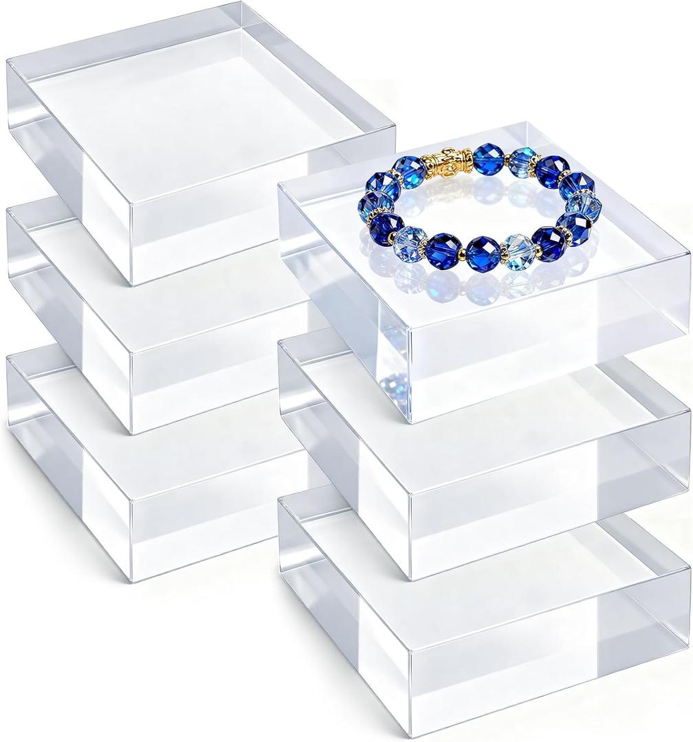 Hacaroa 6 Pieces Acrylic Square Display Block, 3 x 3 x 1 Inches Clear Polished Acrylic Cube Risers, Solid Jewelry Display Pedestal Stand Showcase Holder Base for Ring, Perfume, Photography Props