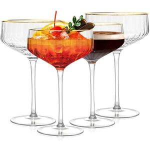 Icesip 13 oz Ribbed Coupe Glasses set of 4, Large Espresso Martini Glasses Gold Rimmed Crystal Vintage Coupe Glasses Set for Champagne Cocktail Party Bar Dessert