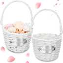 Acellegic Set of 2 Flower Girl Basket with Handle for Wedding White Wicker Baskets for Flower Girl Wedding Party Picnic Garden Handwoven Decoration