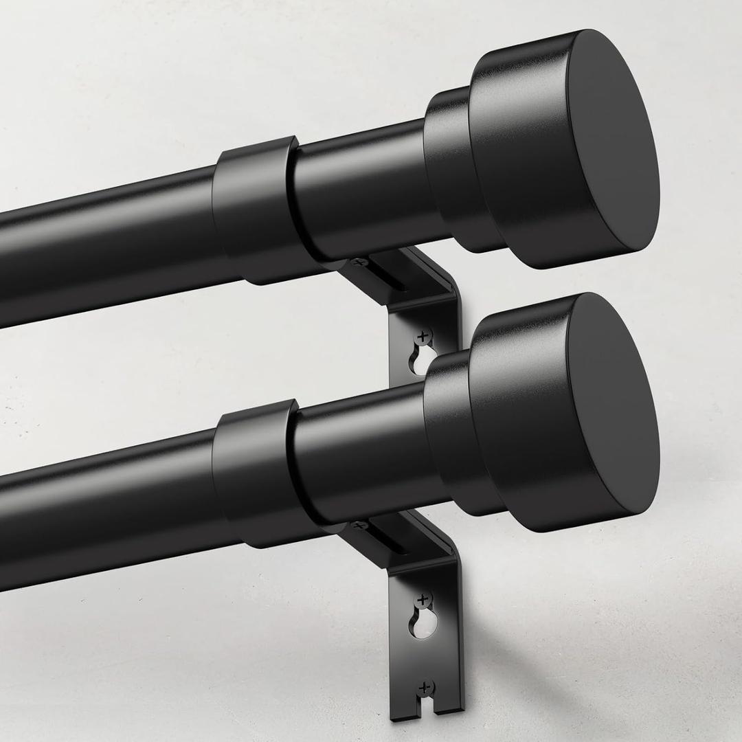 2 Pack Heavy Duty Curtain Rods for Windows 28 to 48 Inch, 1 Inch Black Adjustable Curtain Rod Set with Easy Installation and Modern Design (A1,Black,30-60",2Pack)