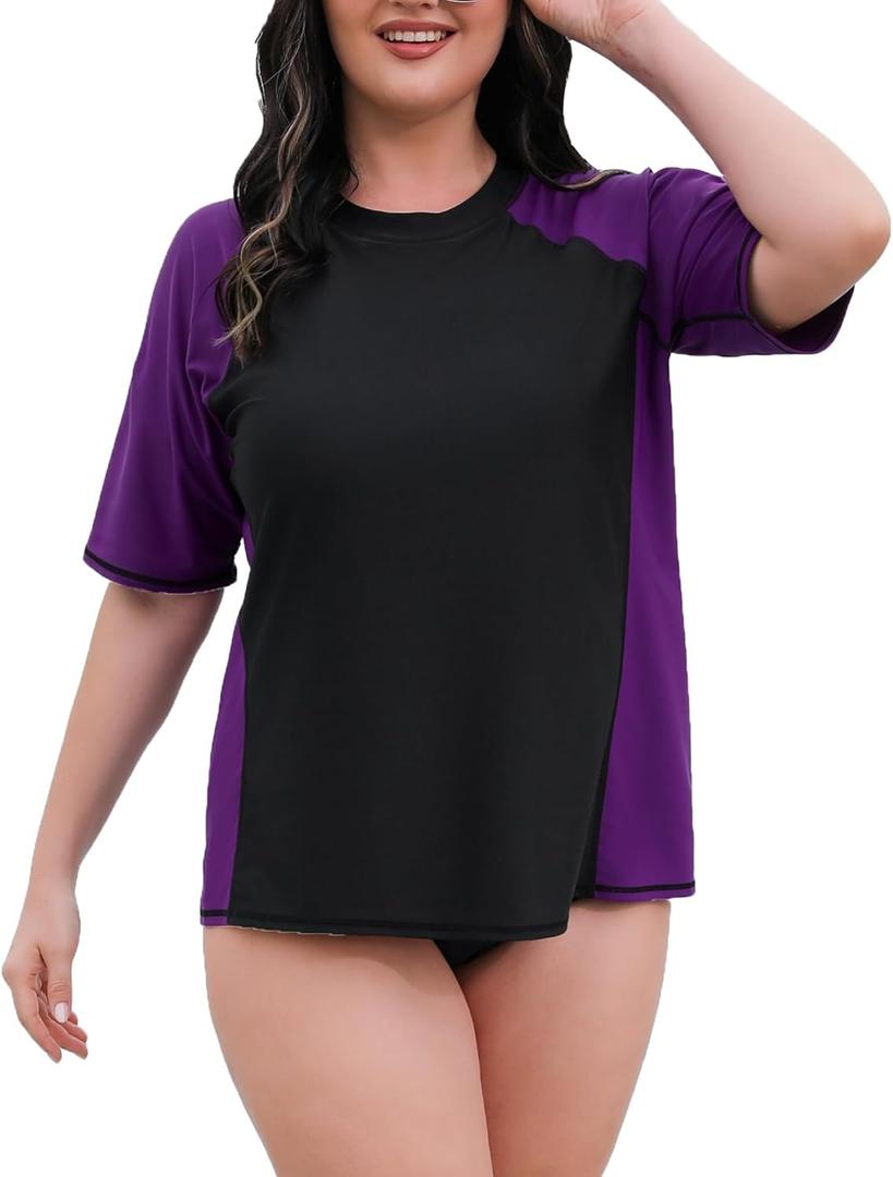 Halcurt Women's Plus Size Short Sleeve Rash Guard Swimsuit Top with Built in Bra Swim Shirt UPF50+ Bathing Suit (2X)
