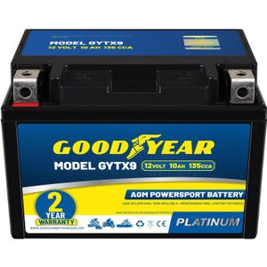Goodyear GYTX9-12 Volt 10 AH, 135 CCA, Rechargeable High-Performance, Maintenance Free, SLA - AGM Battery for Motorcycle, ATV, UTV, 4-Wheeler, Snowmobile, Watercraft and more!