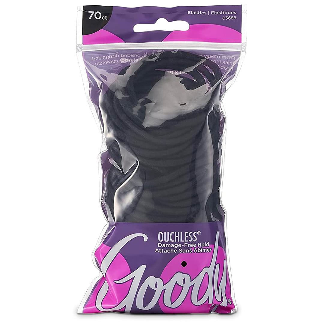 Goody Ouchless Elastic Hair Ties, 70 Ct, Black, 4MM Rubber Bands in Resealable Pack, Pain-Free Styling Accessories for Women & Men, Made for Long-Lasting Braids, Ponytails & More, All Hair Types