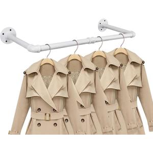 Industrial Iron Pipe Clothes Hanging Bar DIY Wall-Mounted Garment Rack Heavy Duty Clothing Rack for Bedroom, Laundry Room, Closet Storage (White 24 inch)