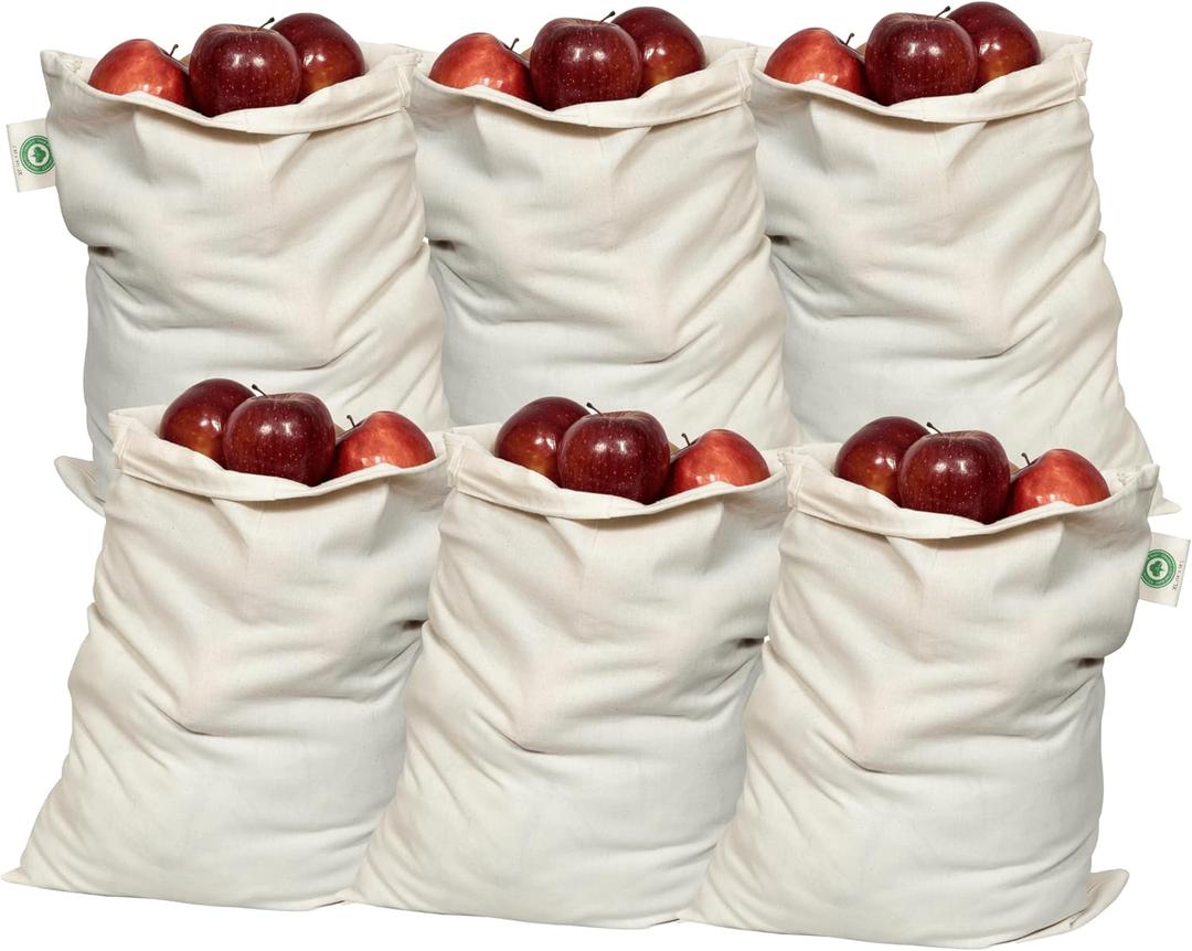Food Grade Bulk Storage Bags - 6 Pack, XL Size, 100% Organic Cotton Drawstring Closure - Reusable, Washable, All-Natural Muslin Produce Flour Sack Cloth Bags for Grains (6 X-Large 14x18)