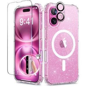 BERFY Magnetic for iPhone 16 Case, [Compatible with Magsafe], with Screen Protector + Camera Lens Protector, [Non-Yellowing] Clear Sparkly Shockproof Hard Phone Case for Women 6.1", Shiny Clear