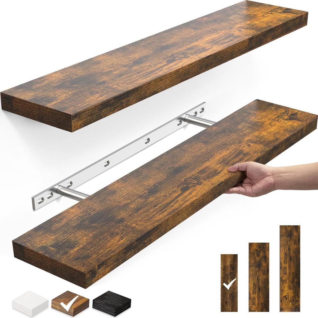 BAYKA Floating Shelves, 22.5" Wall Mounted Wood Shelves for Bathroom, Bedroom, Living Room, Kitchen, Hanging Shelf for Books/Storage/Decor with 22lbs Capacity (Rustic Brown,Set of 2) (22.5inches, Rustic Brown)
