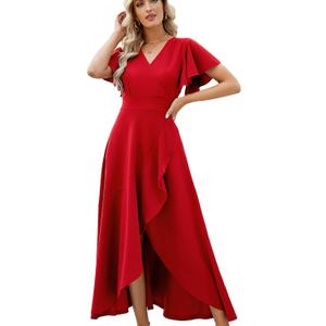 Long Black Formal Dresses for Women Gowns Evening Party Cocktail Dress,Split Elegant V Neck Wrap Ruffle Wedding Guest Dresses (Medium, Bright Red)