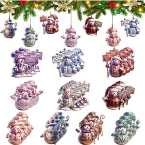2 x Christmas Snowman Ornaments Set, 30 Pieces, Wood Holiday Tree Decorations, Purple Blue White Design with Signs