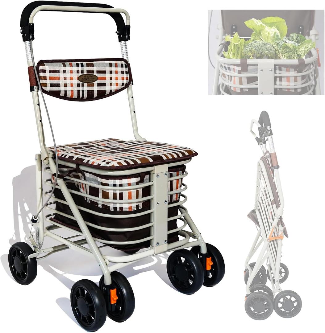 Walkers for Seniors with Seat, 180 lbs Capacity, Foldable & Lightweight, Adjustable Height, Rolling Walker with Brakes and Comfortable Chair for Mobility and Rest (22x19.7x35.4in)