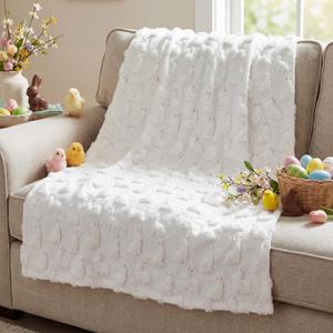 Hahafelt Easter Throw Blanket 50 x 60 Inch White Bunny Blanket Velvet Faux Rabbit Fur Soft Lightweight for Home Living Room Couch Sofa Bed Cabin Easter Spring Holiday Decor