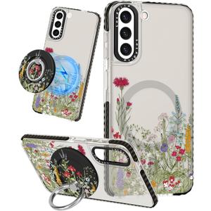 Lotadilo Cute Case for Samsung Galaxy S22 for Women Girls - Funny Design Compatible with Magsafe Magnetic Ring Holder Kickstand Art Flower Grass Fashion Pattern TPU Phone Covers