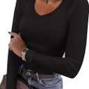 REORIA Womens Long Sleeve Shirts 2025 Fall Trendy Deep V Neck Slim Fit Basic Tops Casual Going Out Top Tee Blouse (Black, S)