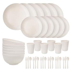 EI 42pcs Wheat Straw Dinnerware Set,Plates and Bowls Sets,Reuasble Plate,Unbreakable Dinner Plate for 6,Microwave Dishwasher Safe,College Dorm Room Essentials Dishes Sets-Bowls,Plates,Cups,Cutlery