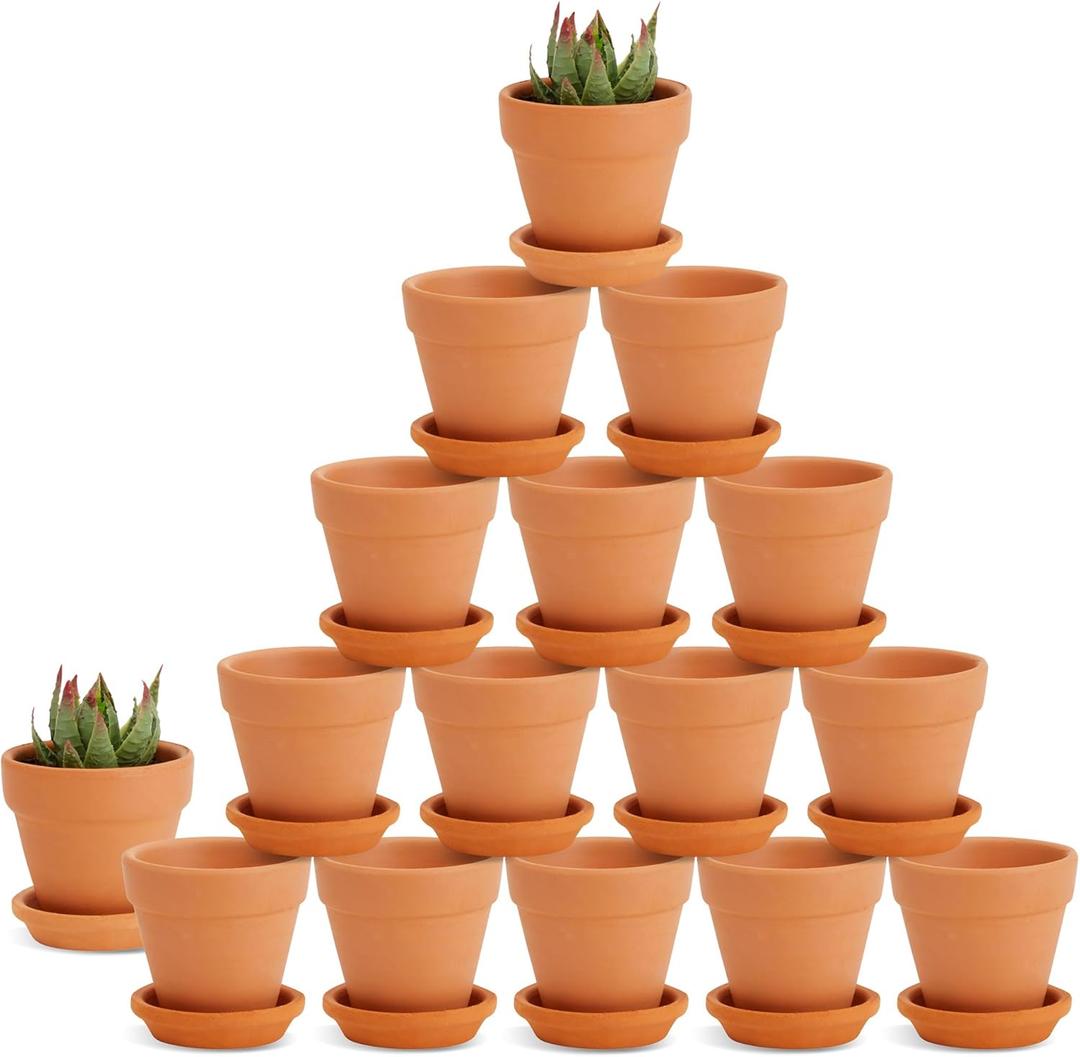 Juvale Mini Terracotta Pots with Saucers - 2.2 x 2.2 x 1.9 in, Brown, 16-Pack, Rustic - Succulent & Cactus Pots with Drainage Hole & Plant Saucer for Garden Decor