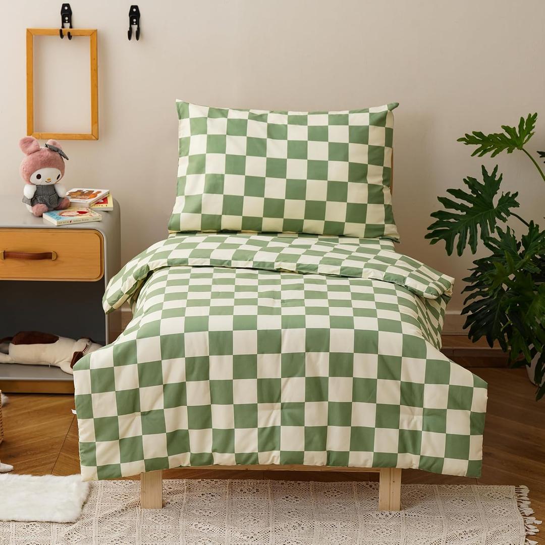 KAREVER Grid Toddler Bedding Set Green White Checkered 4 Pieces Crib Bed Set Kids Pliad Comforter Set