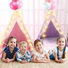Teepee Tent for Kids with Inflatable Airbed, String Lights, Balloons, Pump, Washable Slumber Party Tent Indoor Outdoor for Girls Boys, Children Tipi Playhouse for Playtime and Sleepover (6 Pack, Multicolor)