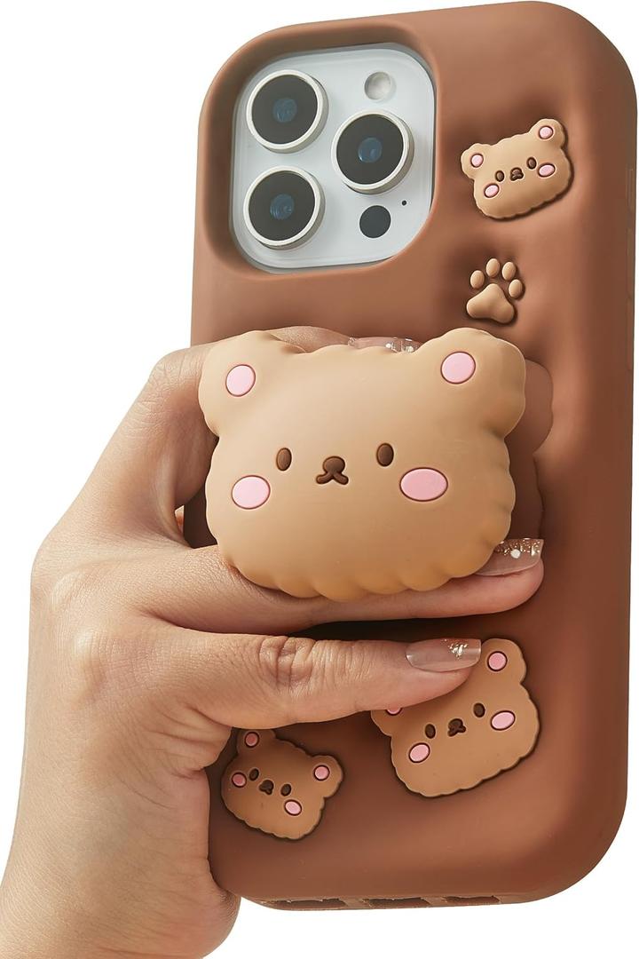 Kawaii 3D Teddy Bear Phone Case for iPhone 16 Pro (with Retractable Phone Stand & Grip) Cute Girly Cartoon Soft Silicone Phone Cover for Girls, Kids, Teens, and Women, Brown