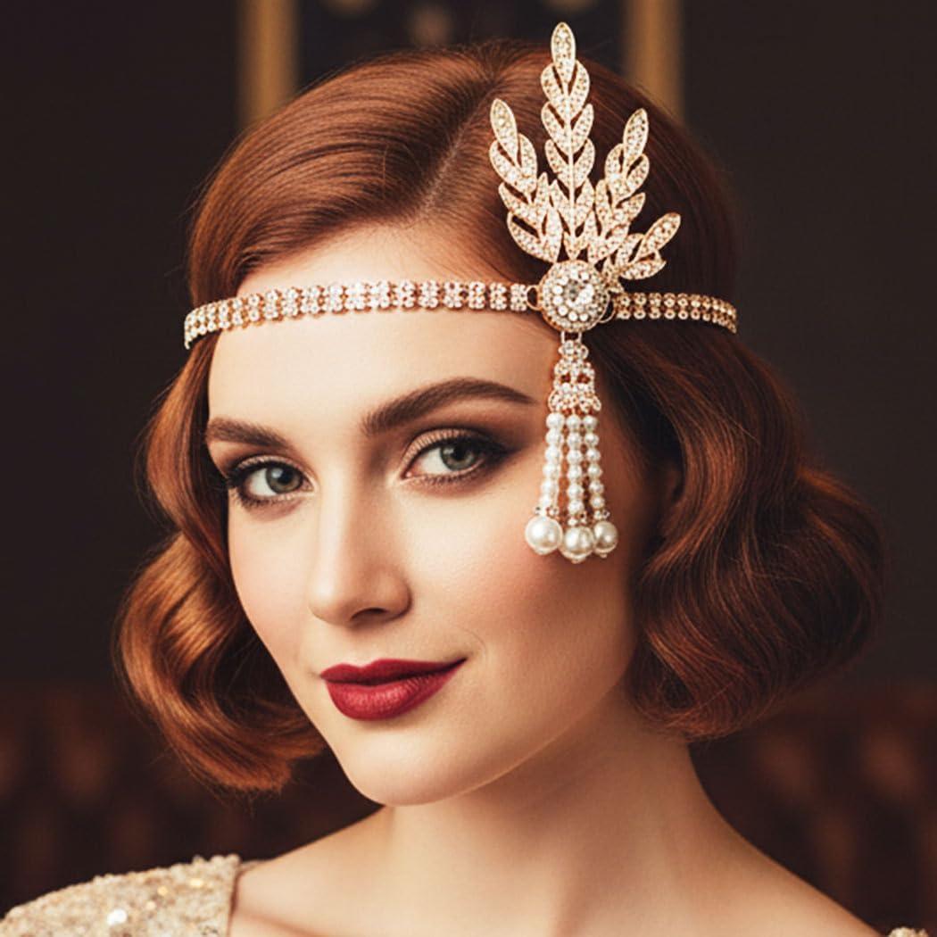 Gortin 1920's Flapper Headband Leaf Rhiestones Gatsby Headpiece Pearl Headdress Flapper Hair Accessories For Women