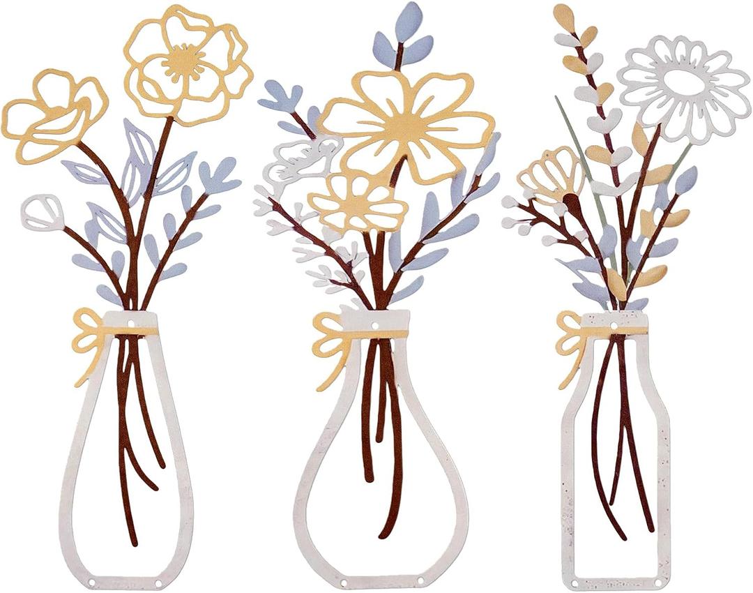 Colorleaf 3 Piece Lightweight Metal Wall Decor, Bathroom Wall Art Minimalist Flower Artwork for Kitchen Living Room Bedroom, Housewarming Gifts (13.7" x 6") (Beige Gold)