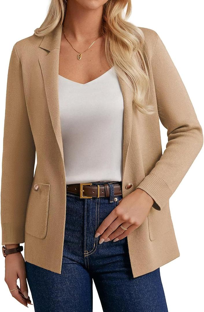 GRACE KARIN Women Sweater Blazers Business Casual Long Sleeve Work Cardigan Open Front Lapel Suit Jackets with Pockets (Large, Camel)