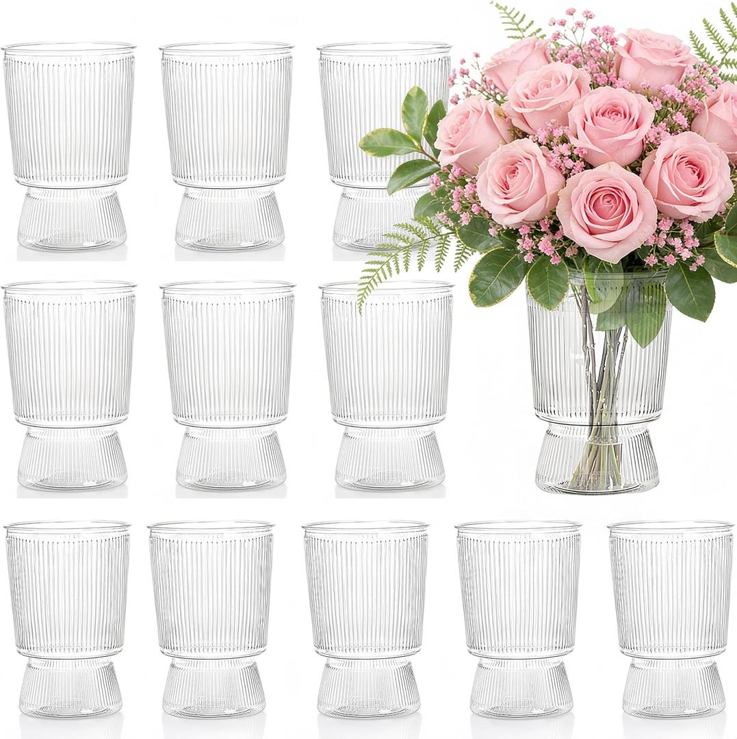 Tlence 12 Pack Clear Plastic Flower Vases, 6.3" Ribbed Fluted Glass-Like Vase, Decorative Modern Ripple Hydroponic Plant Vase with Base for Table Centerpieces Home Decor Office Wedding Decoration