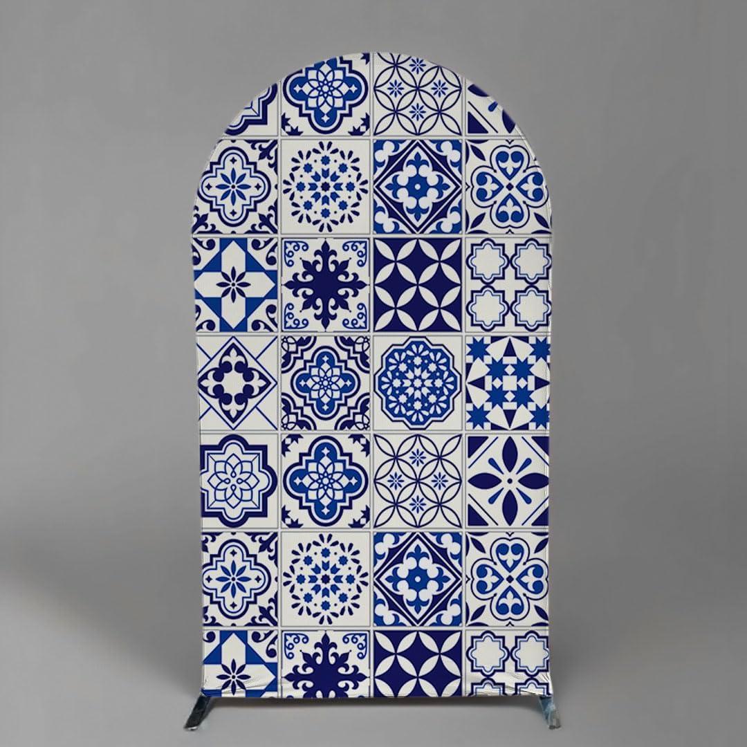 Mosaic Arch Backdrop Cover Stretchy Spandex Fabric Set of Tiles Portuguese Style Background for Baby Shower Birthday Wedding Party Decoration GX-1526 (6.5X3.3FT)