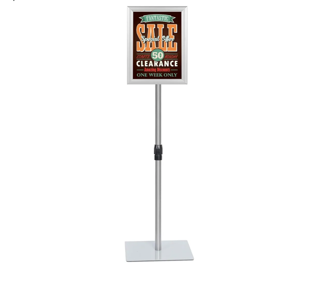 Adjustable Sign Stand Holder, 8.5 x 11 Inch Poster Stand with Extra Heavy Duty Square Metal Base, Vertical or Horizontal Outdoor Floor Standing Indoor Display Holder for Restaurant, Silver