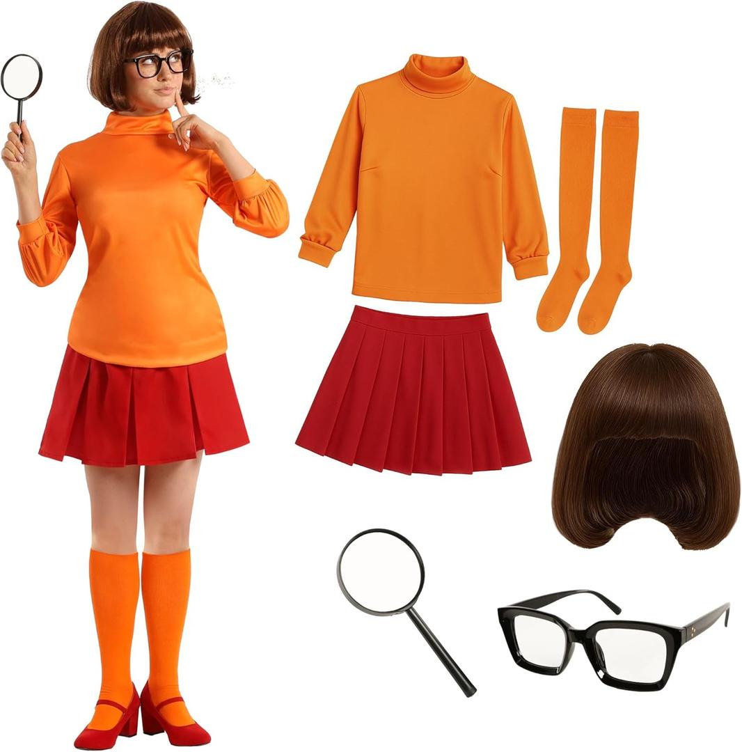 Morph Orange Women's Mystery Solving Detective Costume With Wig 70s Cartoon Character Costumes For Women Detective With Wig (X-Large)