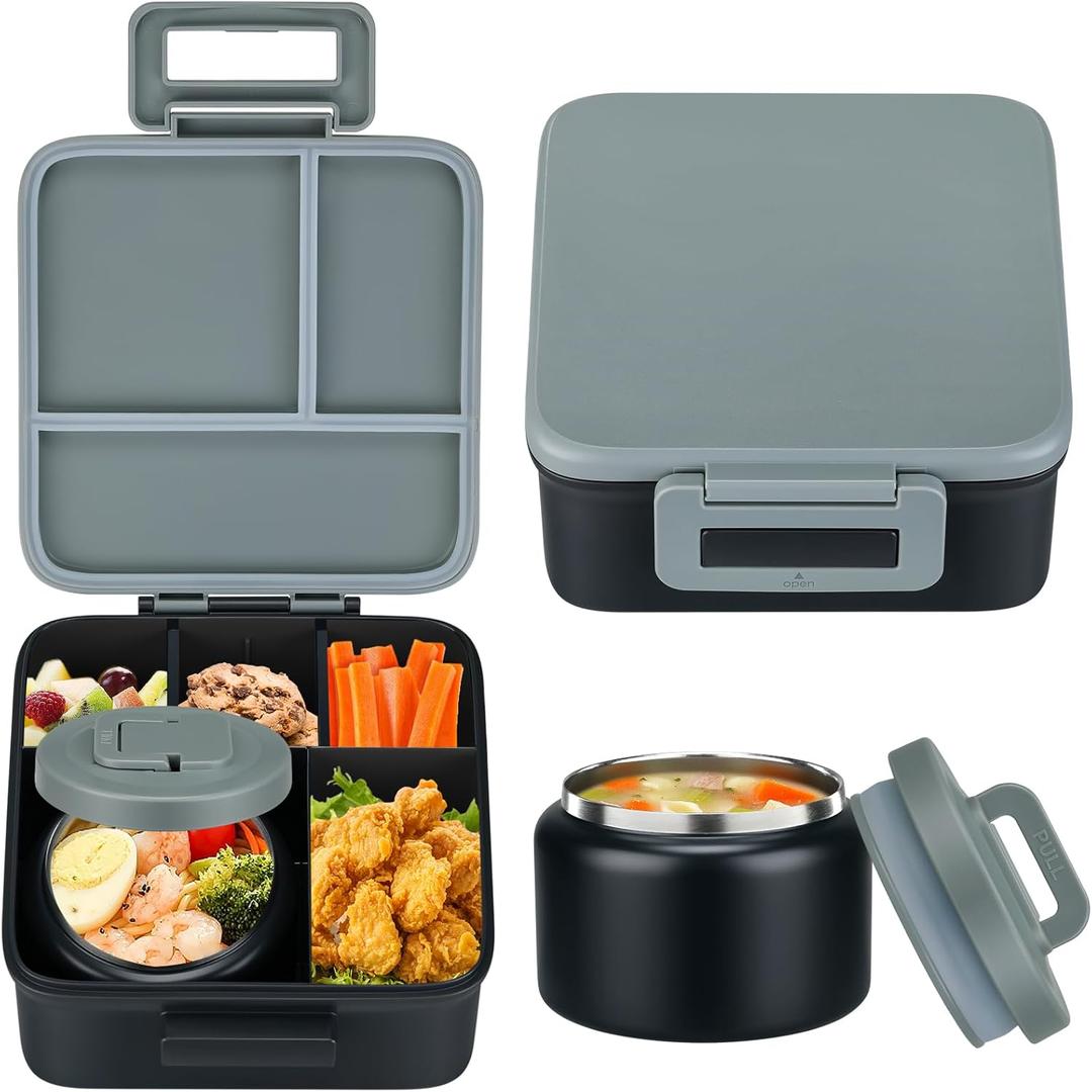 MAISON HUIS Bento Lunch Box with 8oz Soup Thermo, 5-Compartment Leak-Proof Container, Thermo Hot Food Jar and Insulated Lunch Bag, BPA Free, Travel, School (Gray)