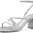 LACUONE Strappy Heels for women Block Heels Square Toe Chunky Ankle Buckle Pump Heeled Sandals (10, Silver)