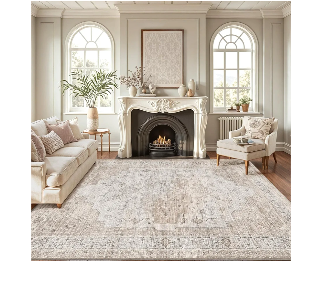 LUMI 8x12 Washable Area Rug for Living Room, Ultra Soft Vintage Rugs with TPE Non Slip Backing, Stain Resistant, Low Profile Carpet High Traffic for Bedroom, Dining Room