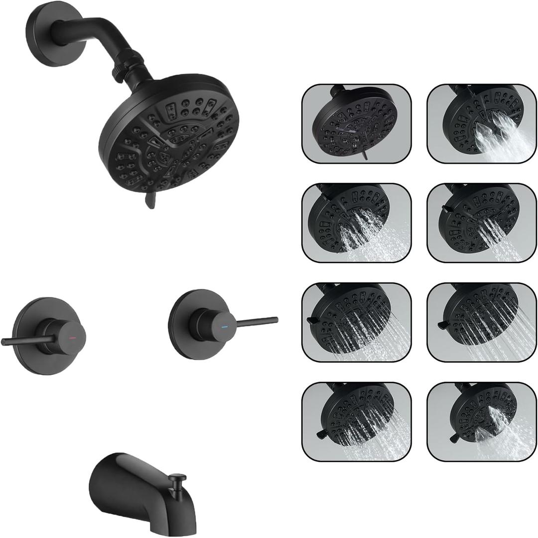 2 Handle Shower Faucet Set with Tub Spout Matte Black Two Handles Shower Faucet Set Bathtub Shower Faucet Combo Wall Mount