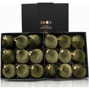 18PCS Green Velvet Christmas Ornaments Set  Large Flocked Shatterproof Baubles for Xmas Tree Decoration, Hanging Ornaments for Holiday & Home Dcor (Green, 3 Inch / 8 cm)