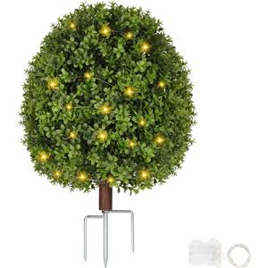 Artificial Boxwood Topiary Trees for Outdoors, Faux Topiary Ball Tree UV Resistant Fake Shrubs Evergreen Bush Plants for Front Porch Garden Yard Balcony Wedding Decor, Led String Light (1 Pack)