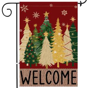 3 x Merry Christmas Garden Flag, Christmas Trees Yard Flag 12x18 Double Sided Red Outdoor Decorations, Winter Trees Holiday Decor Welcome Burlap Garden Flag Rustic Outdoor Farmhouse Xmas for Porch Yard