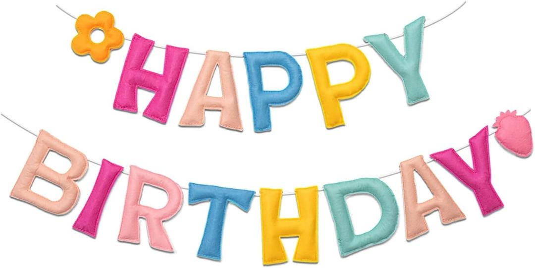 Pastel Pre-Strung 3D Happy Birthday Banner with Strawberry and Flower, Reusable Happy Felt Garland, Rainbow Party Decorations, Personalized Birthday Sign for Girls Womens