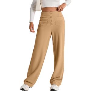 EVALESS Womens High Waist Button Stretchy Work Pants Straight Leg Office Dress Pant Business Casual Trousers with Pocket (Beige, XL)