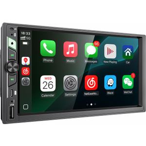 7'' Double Din Car Stereo with Wireless Apple CarPlay & Android Auto, Wireless Airplay & Mirror Link, 1024x600 HD Touchscreen, 240W, Bluetooth, 12-LED Waterproof Backup Camera, Steering Wheel Control