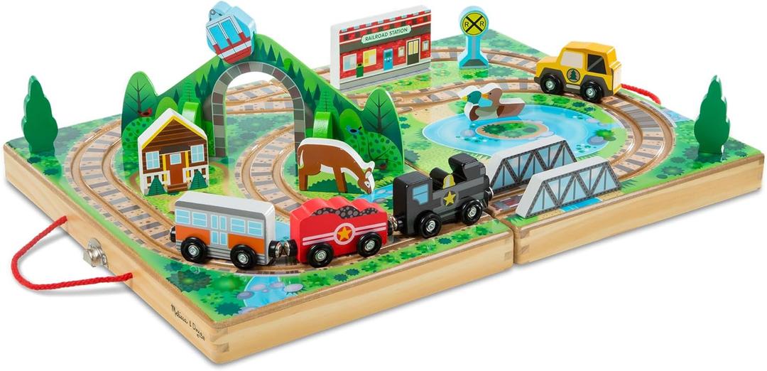 Melissa & Doug Take-Along Railroad Tabletop Playset with Wooden Train Toys, Animals & Scenery Play Pieces, Preschool Learning Toys for Girls & Boys 3+ - FSC Certified