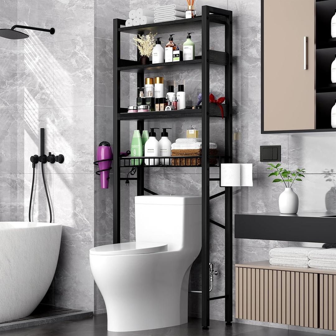Over The Toilet Storage Cabinet,4 Tier Bathroom Organizer and Storage With Adjustable Shelf Waterproof Feet Pad and Basket Multifunctional Space Saver Freestanding Bathroom Shelves With Dividers Black, Large