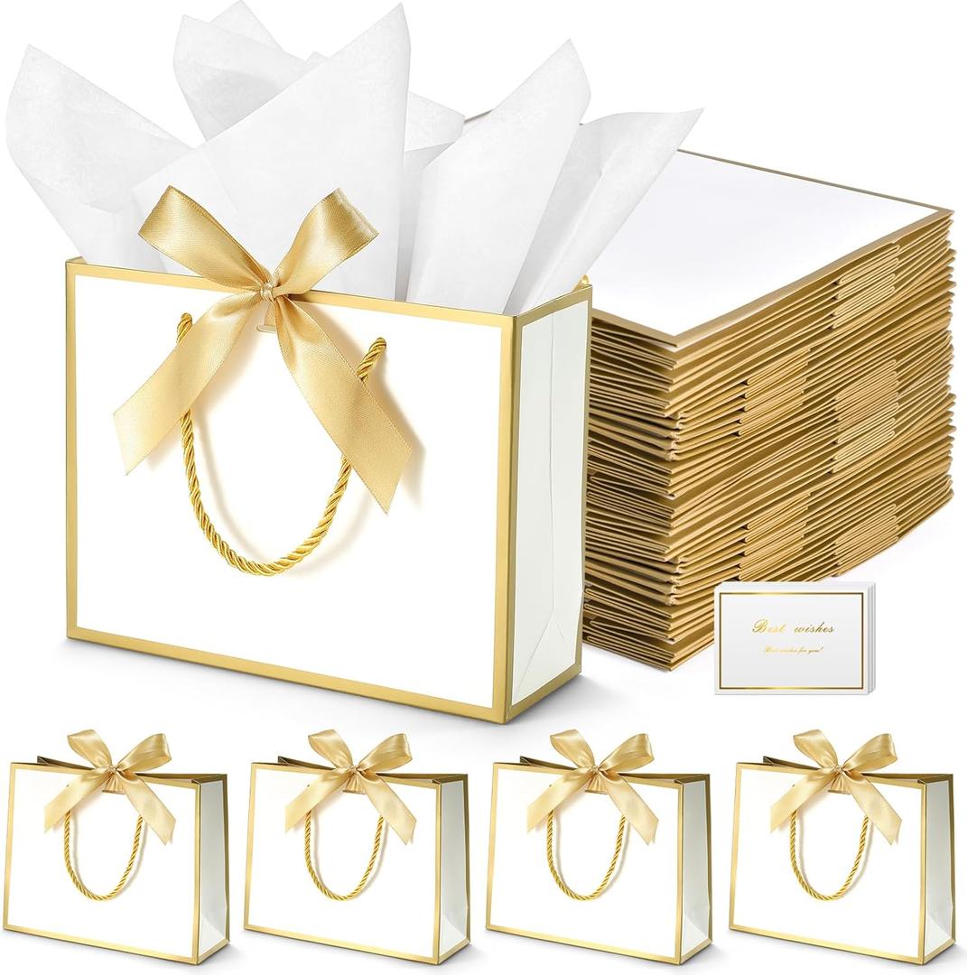 DOYIDE 50 Pcs Thank You Gift Bags with Tissue Paper, 9x7x3.1in Gift Wrap Bags with Handles and Bow Ribbon, Thank You Bag for Valentine Wedding Birthday Bridesmaid Holiday Party Favors (White and Gold)