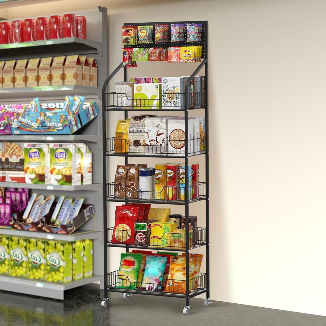 Nisorpa 5 Tier Supermarket Retail Display Racks, Free-Standing Metal Snack Candy Display Racks Cart with Wheels Chips Display Rack Stand for Convenience Stores Home Kitchen, 23.6 x 66.9 x 10.6 Inches