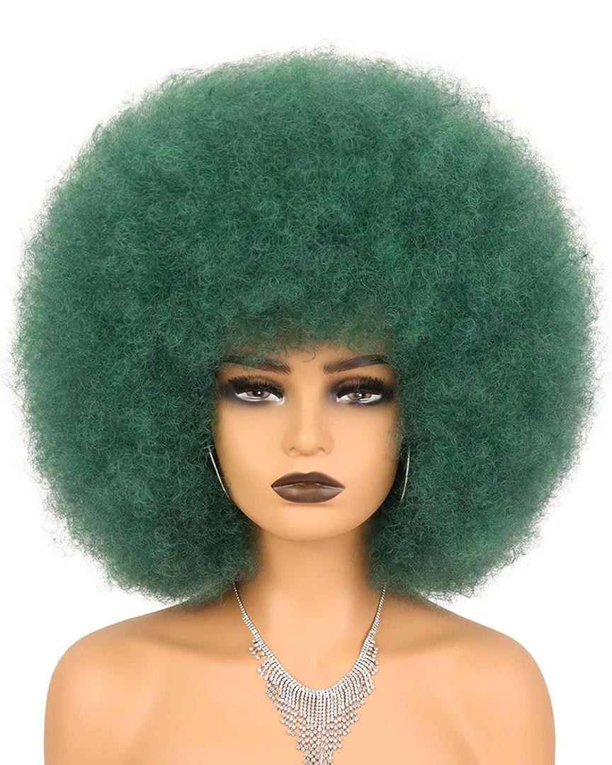 Green Afro Wig and Costume Halloween Wig for black Women Glueless Wear and Go Short Afro Puff Kinky Curly Wigs and Heat Resistant Bouncy Wigs (Dark Green)